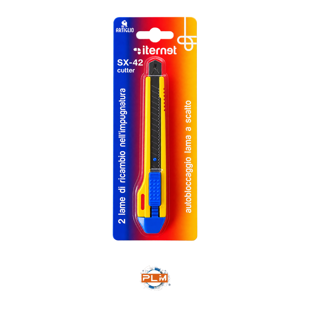 Cutter taglierino a lama stretta giallo e blu nella confezione originale