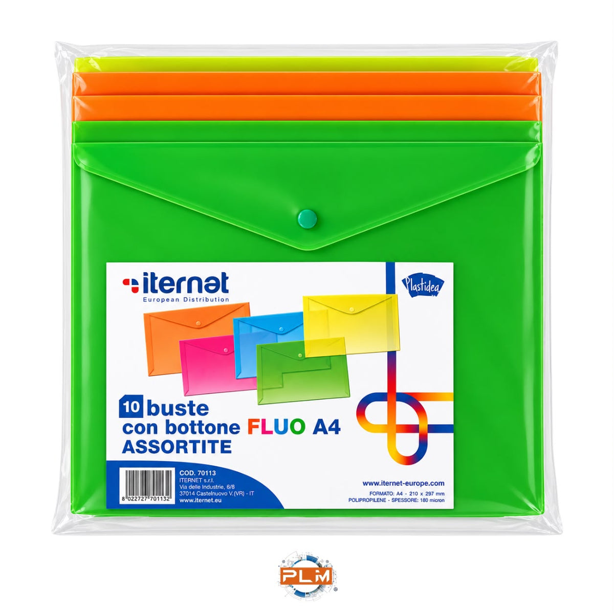 Confezione 10 buste A4 con bottone | Colori fluo assortiti