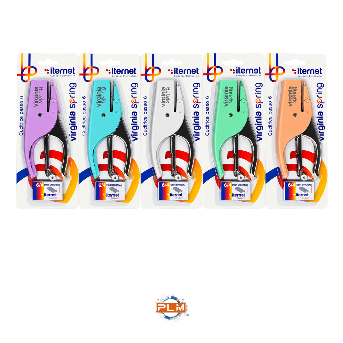 Cucitrice Virginia Spring in blister con punti 6/4, nei colori lilla, turchese, bianco, verde menta e pesca