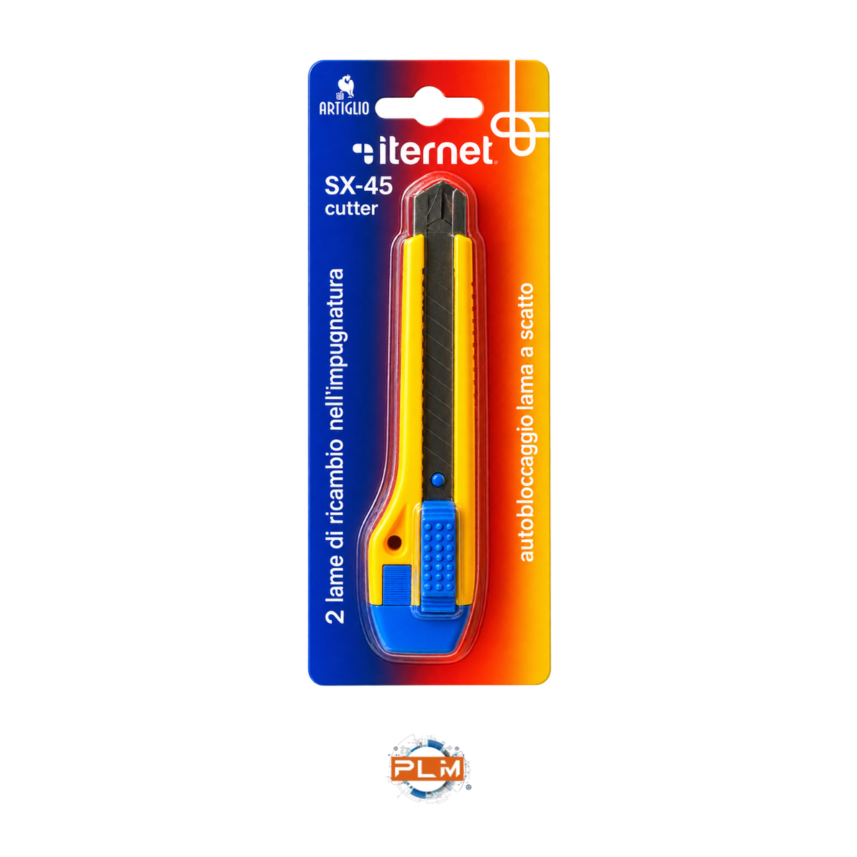 Cutter taglierino SX-45 giallo e blu nella confezione originale, con indicazione di 2 lame contenute nell’impugnatura.