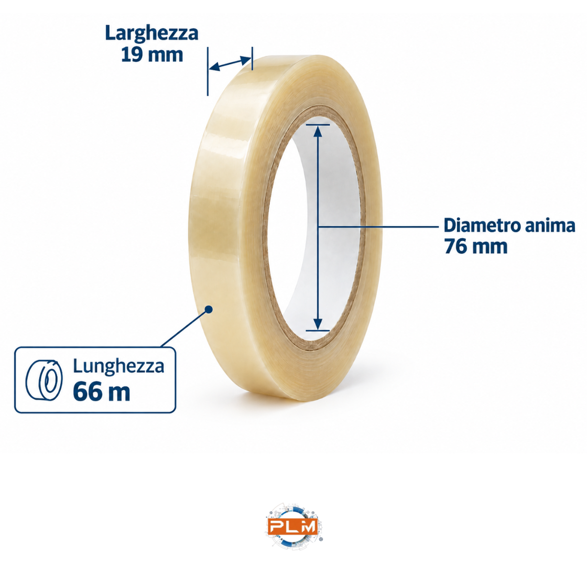 Misure del rotolo Nastro adesivo trasparente 19 mm x 66 m con anima da 76 mm